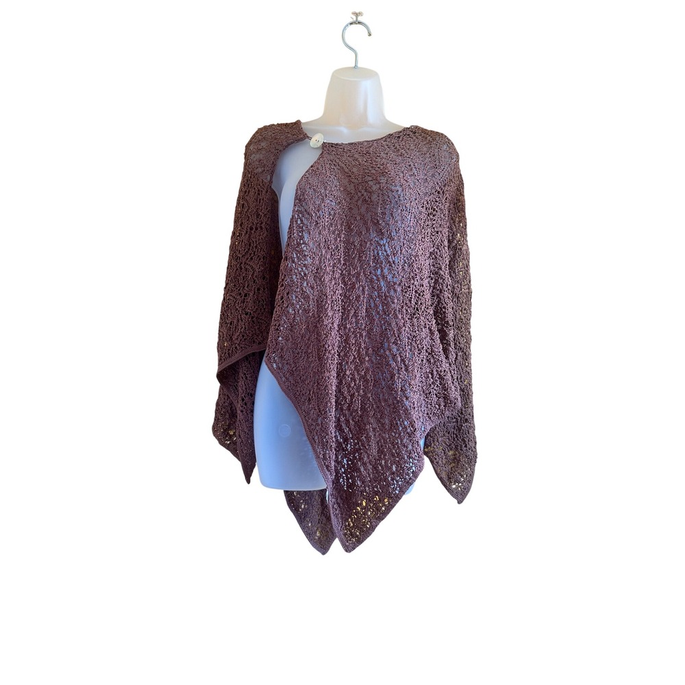 Zara Brown Open Knit Poncho Sweater Crochet Asymmetrical Shell Button Size M